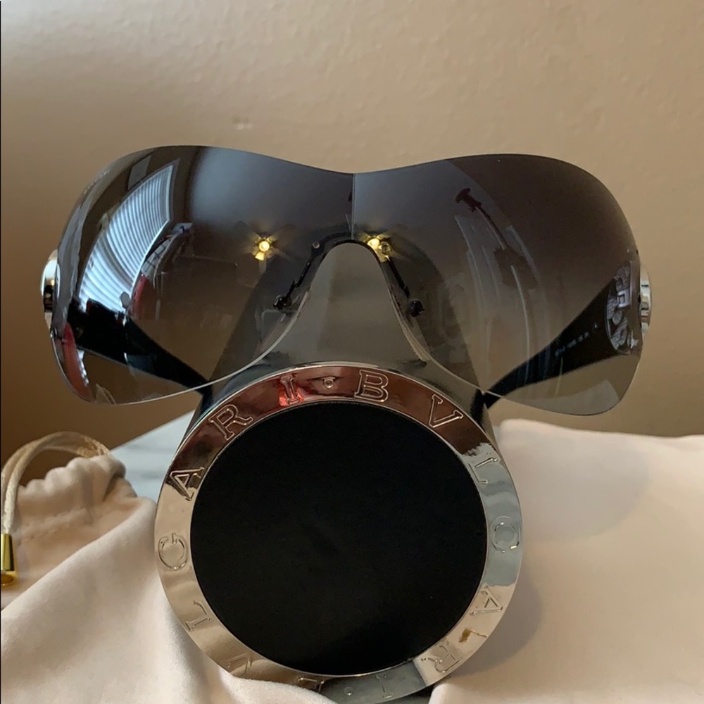 Bvlgari rimless shield sunglasses.